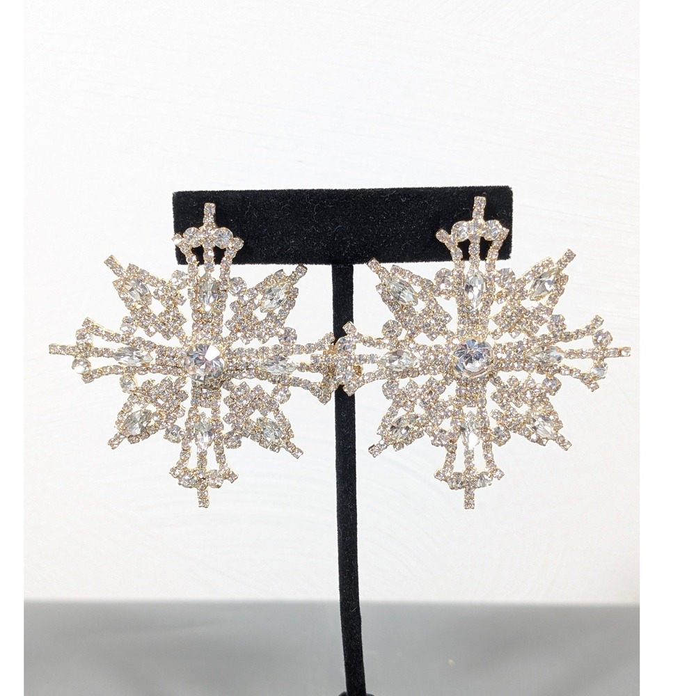 Oversized Gold Rhinestone Snowflake Earrings Holiday Statement Large